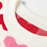 Pink Heart Print Short Sleeve Knit Sweater Valentine Top: Sachet Pink / 52%Viscose+26%Polyester+22%Polyamide / S