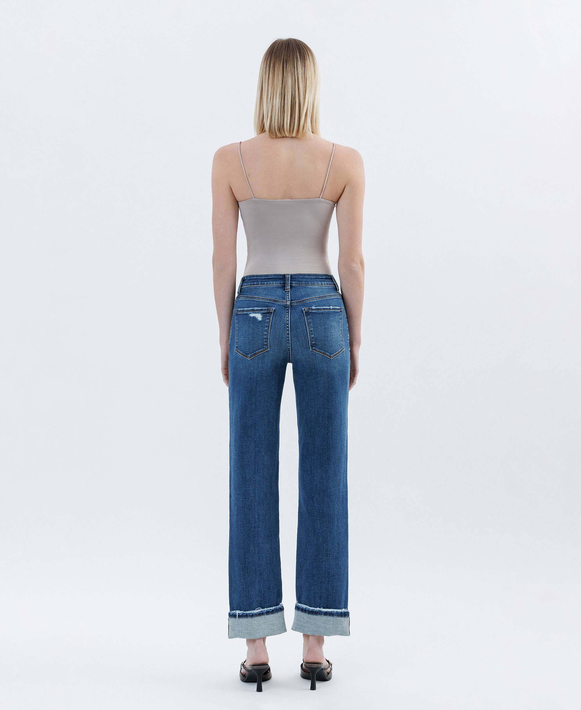 HIGH RISE DARK WASH CUFFED STRAIGHT JEANS T6666: NICO / 25