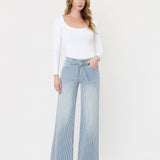 HIGH RISE WAIST TIE STRIPED WIDE LEG JEANS V3838STR: STRIPE / 27