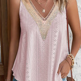 Multicolor Lace Crochet Splicing V Neck Loose Fit Tank Top: Mist Green / 95%Polyester+5%Elastane / M
