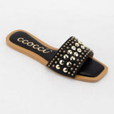 CHRISSY ROUND STUD EMBELLISHED SQUARE TOE SLIP ON SANDAL: White / A12