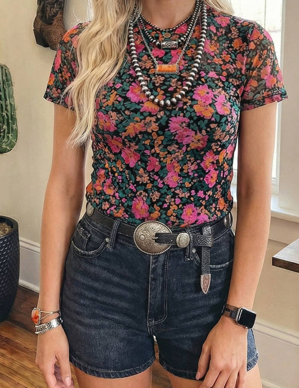 Spring Western Retro Floral Printed Mock Neck Mesh Top (S-4X: Multi-Colored / S