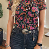 Spring Western Retro Floral Printed Mock Neck Mesh Top (S-4X: Multi-Colored / 1X