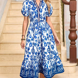 White Floral Puff Short Sleeve V Neck High Waist Maxi Dress: Blue XL