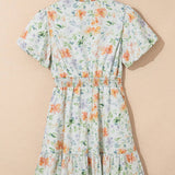 Beige Floral Print Shirred High Waist Puff Sleeve Mini Dress: Beige XL