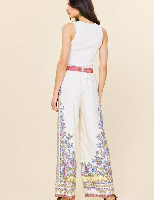 Border Print Wide Leg Pants: Yellow Multi / S