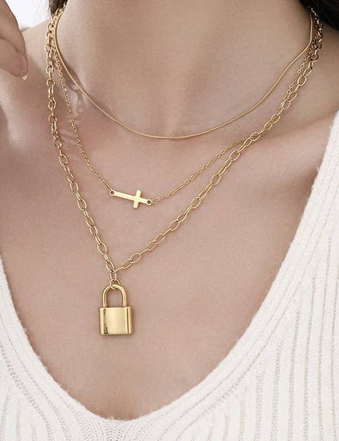 18K STAINLESS STEEL TARNISH FREE LAYERED NECKLACE | 40NK371: Gold