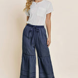 Plus Washed Denim Tiered Wide Leg Pants: Washed Chambray