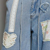 Waist Elastic Band Heart Floral Print Patch Wide Denim Pants: DENIM / L