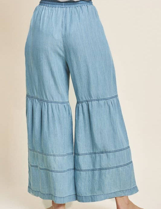 Plus Washed Denim Tiered Wide Leg Pants: Washed Chambray