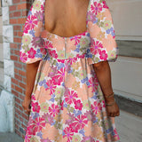 Women's Summer Floral Square Neck Puff Sleeve Babydoll Dress: Pink S