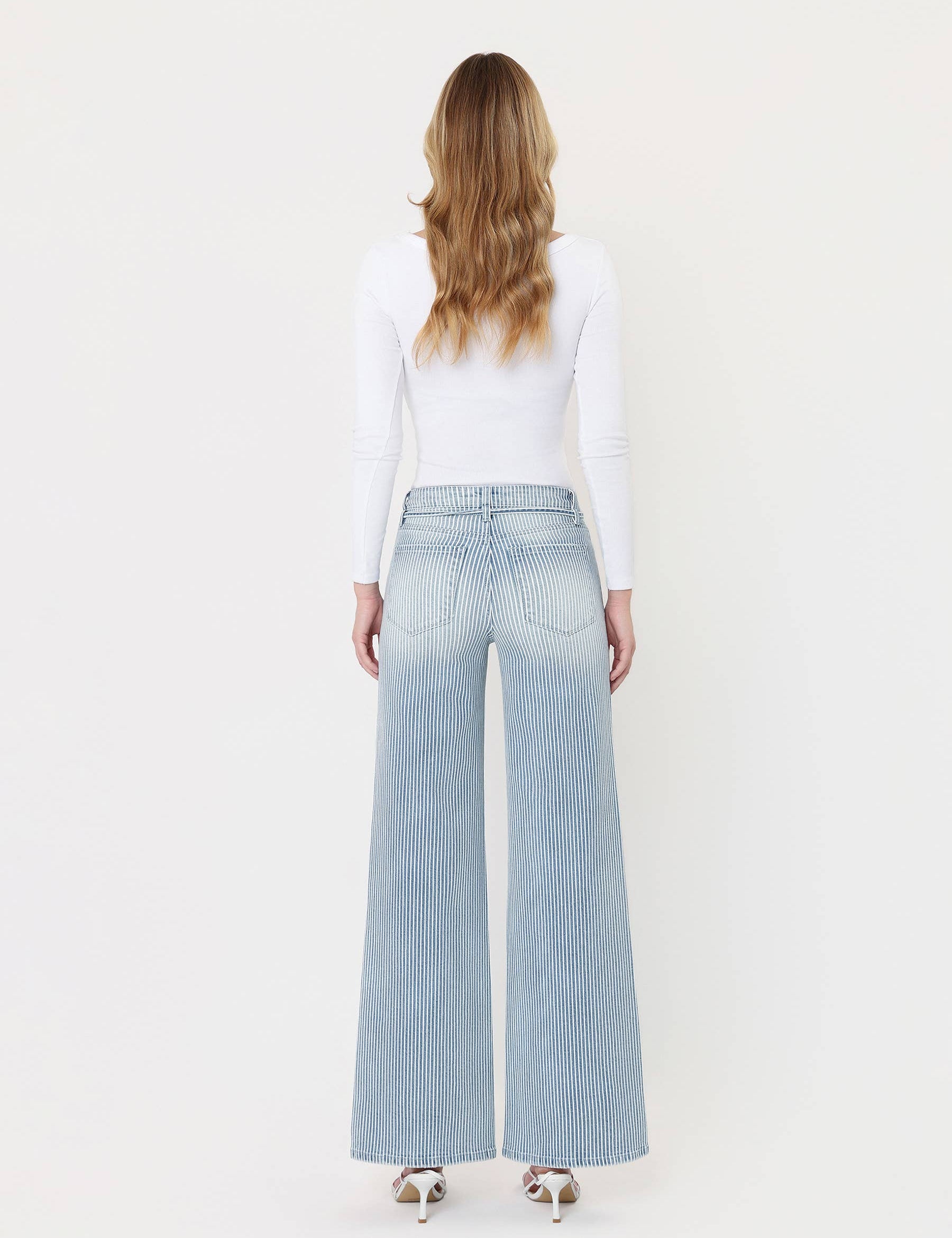 HIGH RISE WAIST TIE STRIPED WIDE LEG JEANS V3838STR: STRIPE / 28