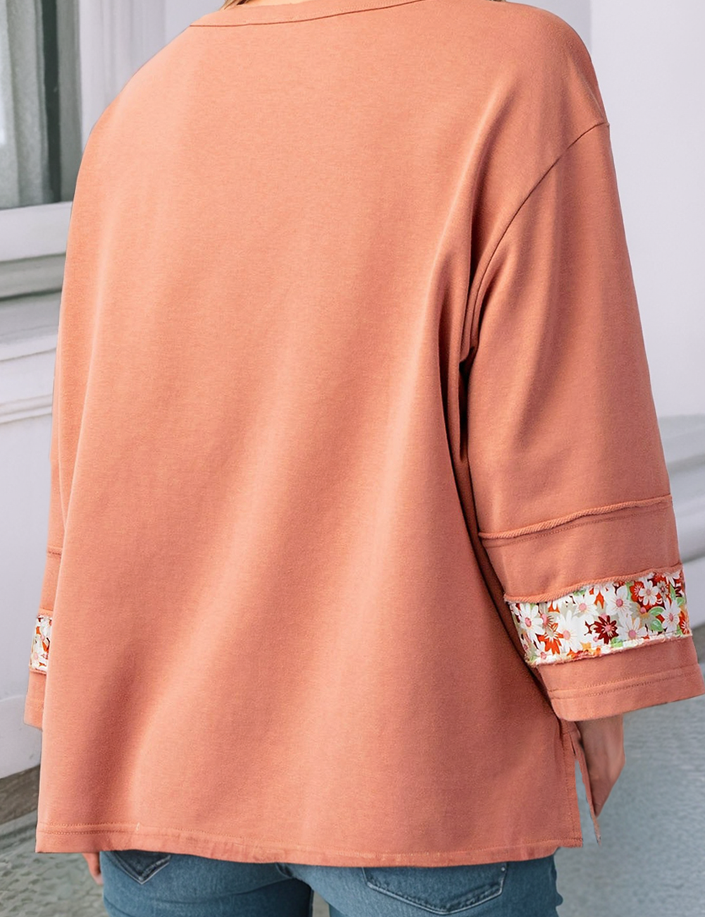 LDC  Flower Patch Graphic Exposed Seam Wide Sleeve Loose Top: Beige / M
