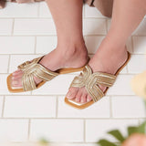 MARISA H-SHAPED UNIQUE ZIPPER LINE DESIGN SANDAL: CHAMPAGNE / 6.5