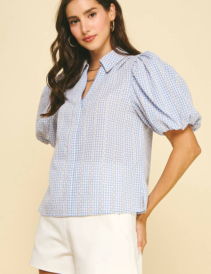 FLORAL GINGHAM BLOUSE TOP - 5707TD: Light Blue / S