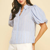 FLORAL GINGHAM BLOUSE TOP - 5707TD: Light Blue / S