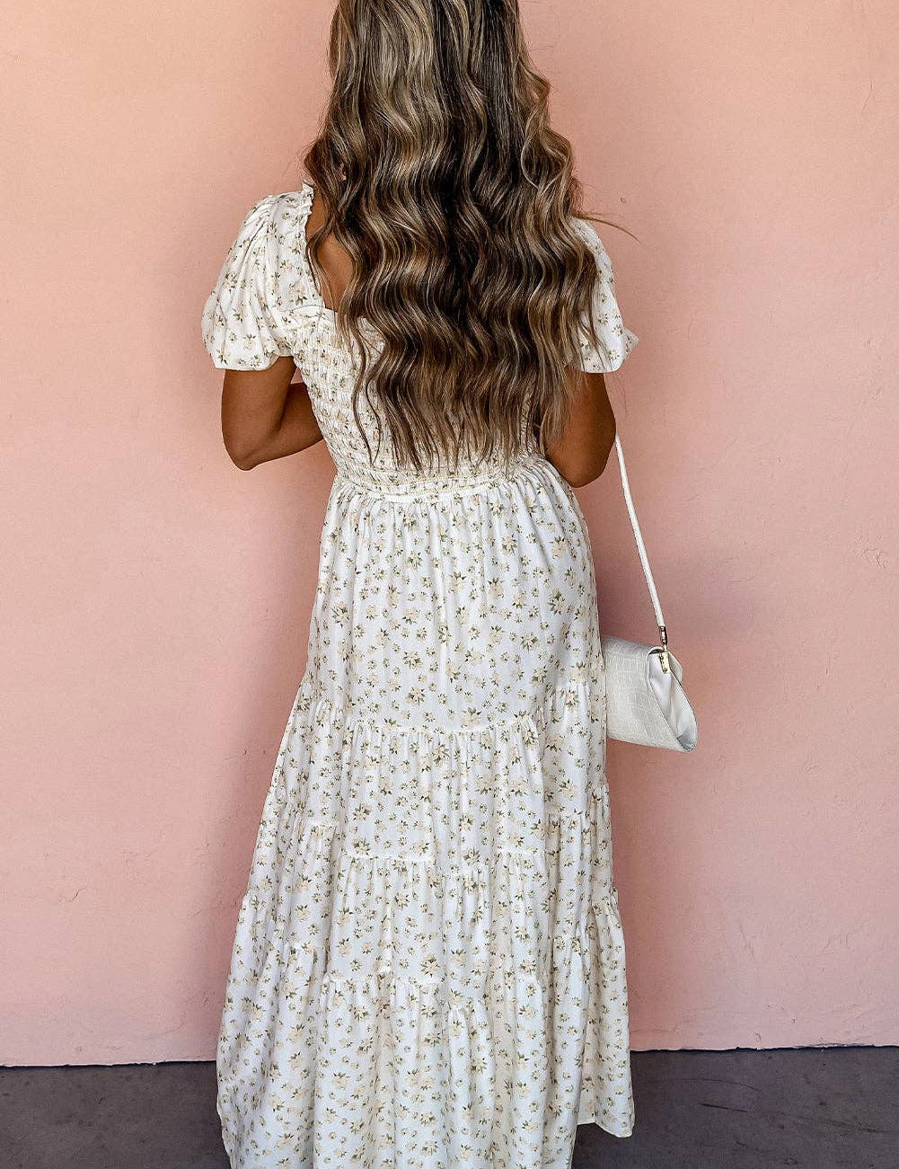 White Frilly Shirred Bodice Tiered Floral Maxi Dress: White / 100%Polyester / XL