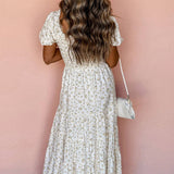 White Frilly Shirred Bodice Tiered Floral Maxi Dress: White / 100%Polyester / XL