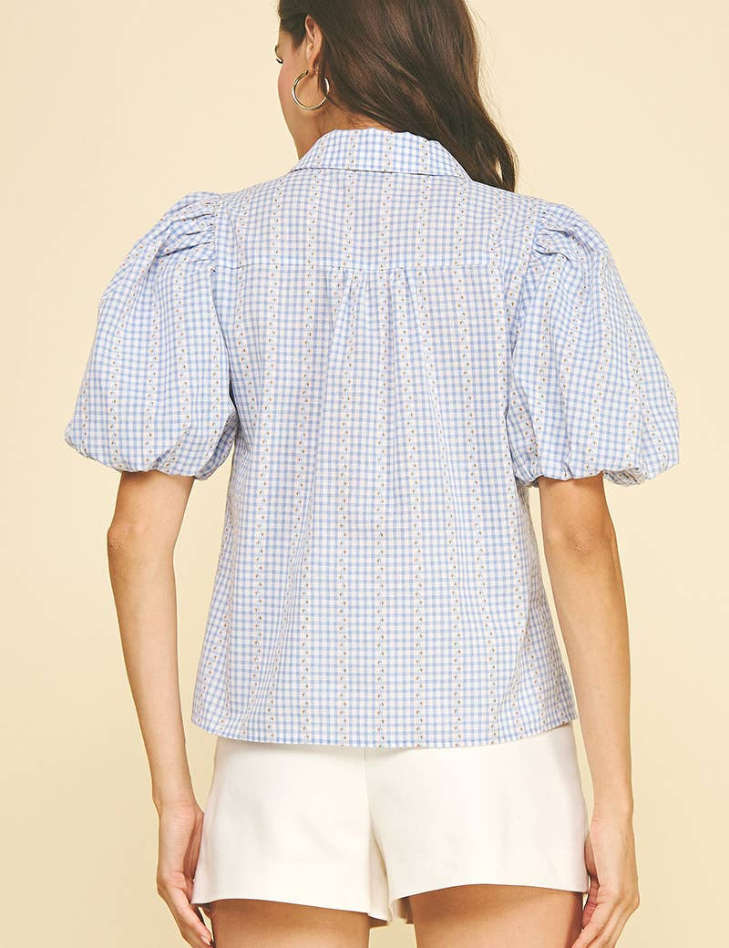 FLORAL GINGHAM BLOUSE TOP - 5707TD: Light Blue / L
