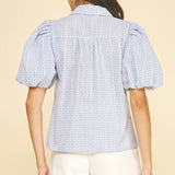 FLORAL GINGHAM BLOUSE TOP - 5707TD: Light Blue / M