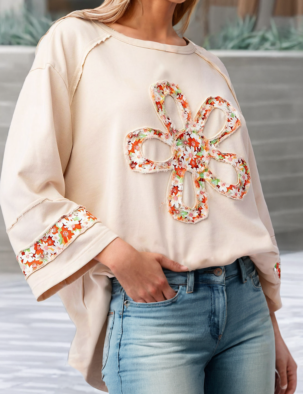 LDC  Flower Patch Graphic Exposed Seam Wide Sleeve Loose Top: Grapefruit Orange / S