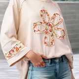 LDC  Flower Patch Graphic Exposed Seam Wide Sleeve Loose Top: Grapefruit Orange / S