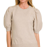 ,,..SI-25003 Viscose Puff Short Sleeve Sweater: H BEIGE-170996 / L