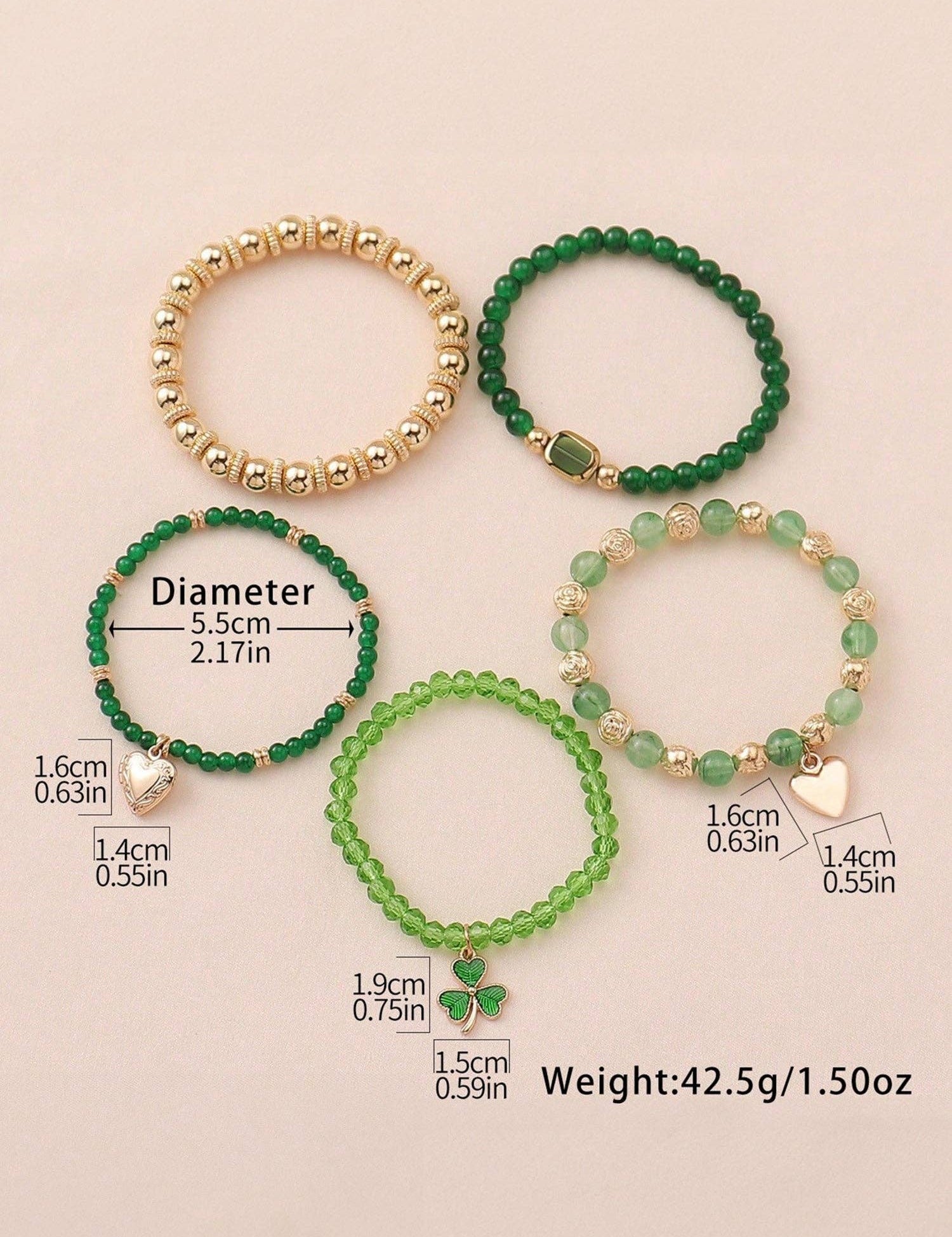 Green 5pcs St Patrick Lucky Beading Heart Charm Bracelets Set: Green / 100%PMMA / ONE SIZE