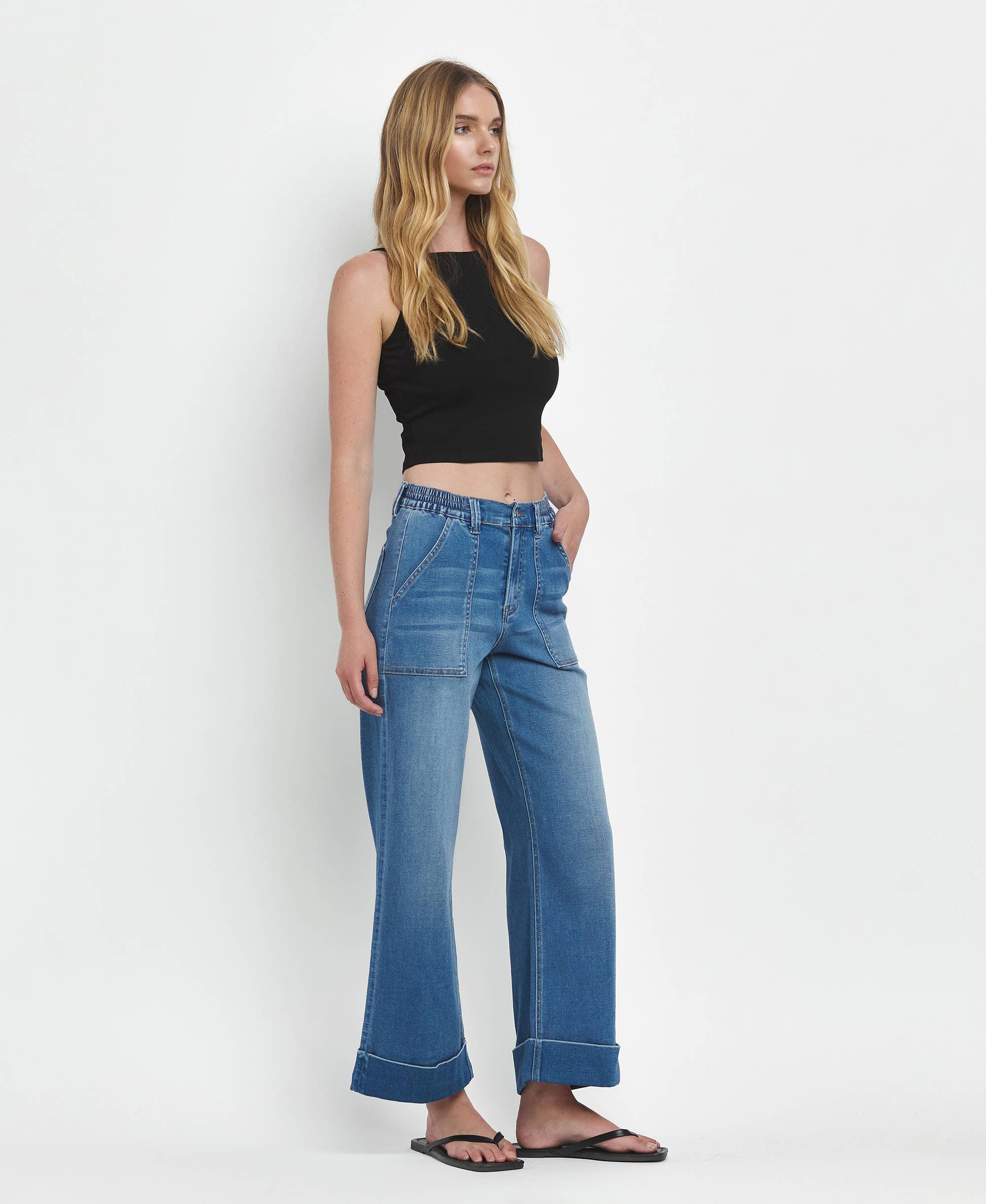 HIGH RISE DOUBLE CUFFED BAGGY WIDE JEANS V3589: ENVIABLY / 28