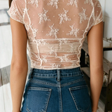 Exposed Seam Ruched Sheer Floral Mesh Top (S-XL): White / Missy / L