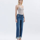 HIGH RISE DARK WASH CUFFED STRAIGHT JEANS T6666: NICO / 28