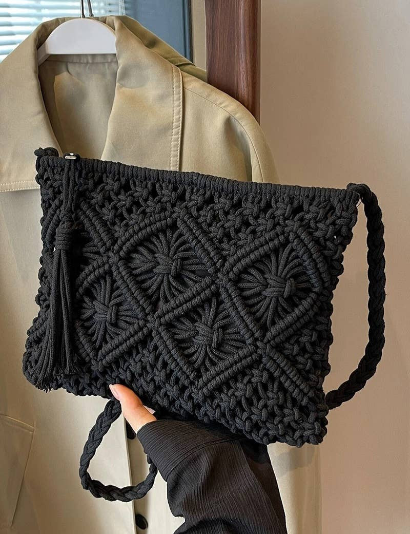 ',,,, SI-26259 Woven Bohemian Tassel Crochet Shoulder Bag: CAMEL-167827 / OS