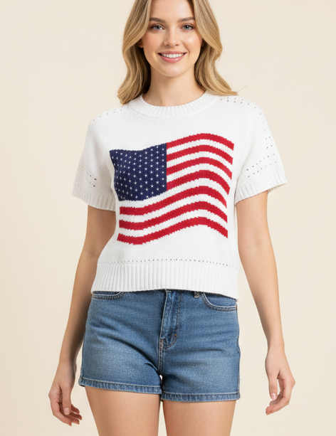AMERICAN FLAG GRAPHIC KNITTED SWEATER TOP - 7254WS: White / M