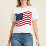AMERICAN FLAG GRAPHIC KNITTED SWEATER TOP - 7254WS: White / S