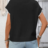 Crochet Trim Short Sleeve Knit Top for Women Summer Casual: Green / 65%Polyester  30%Viscose   5%Elastane / M