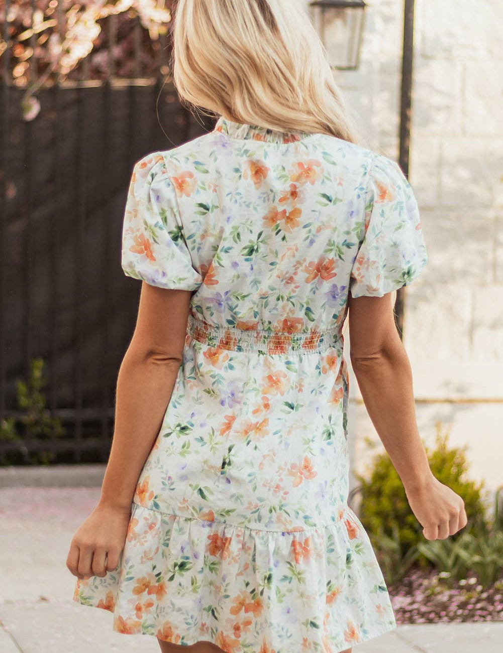 Beige Floral Print Shirred High Waist Puff Sleeve Mini Dress: Beige S