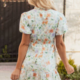 Beige Floral Print Shirred High Waist Puff Sleeve Mini Dress: Beige S