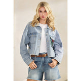 Classic Denim Jacket with Lace Floral Contrast: Med Wash / L