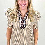 Sky Blue Stripe Short Puff Sleeve Leopard  Blouse: Brown Stripe XL