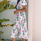 White Floral Puff Short Sleeve V Neck High Waist Maxi Dress: Blue S