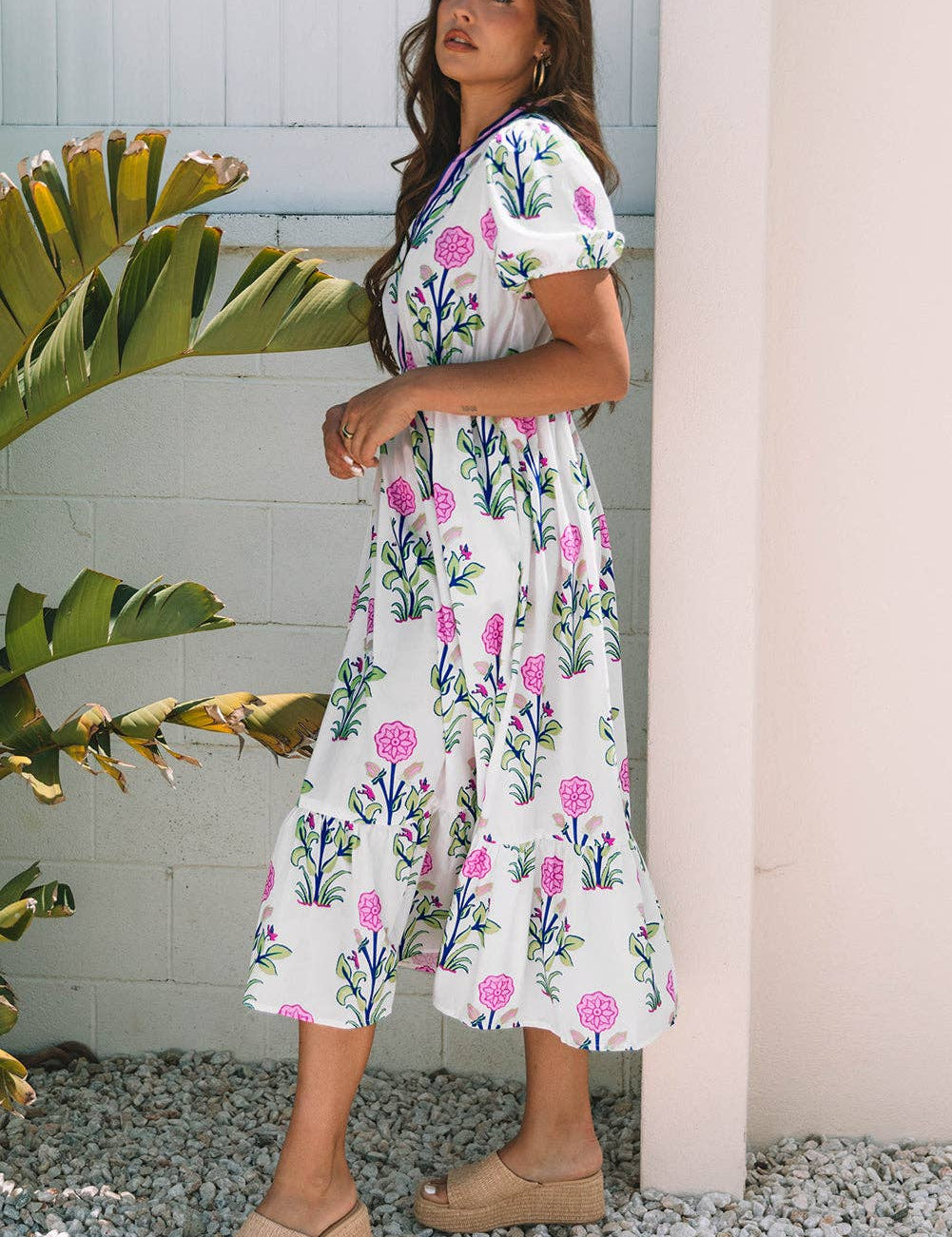 White Floral Puff Short Sleeve V Neck High Waist Maxi Dress: White S