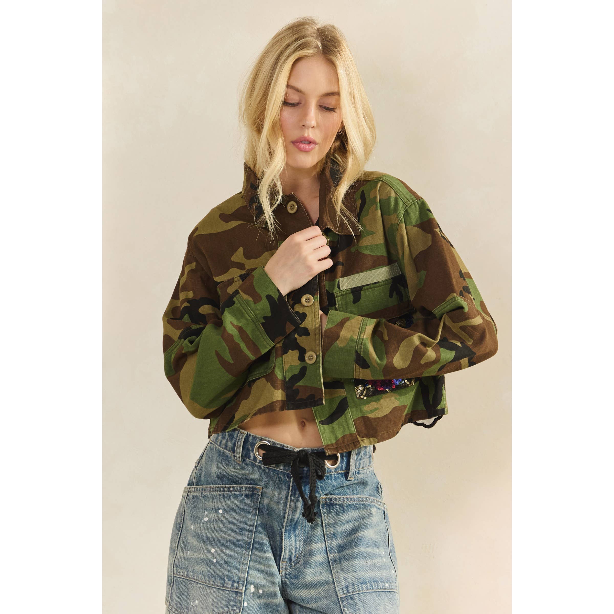 Camo Sequins Contrast Jacket: Camo Sequin / S