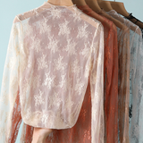 Semi Sheer Mesh Floral Lace Layering Top: Taupe / M
