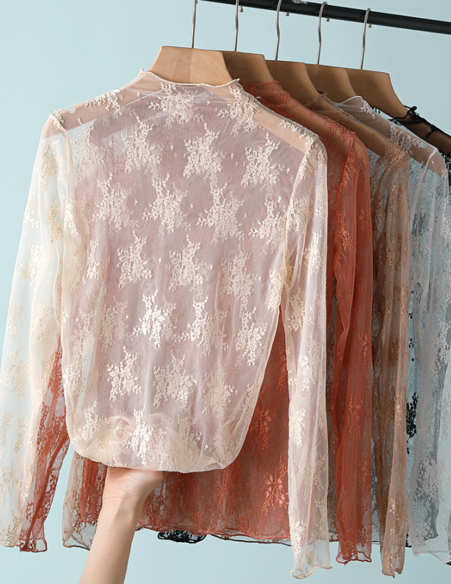 Semi Sheer Mesh Floral Lace Layering Top: Caramel / XL
