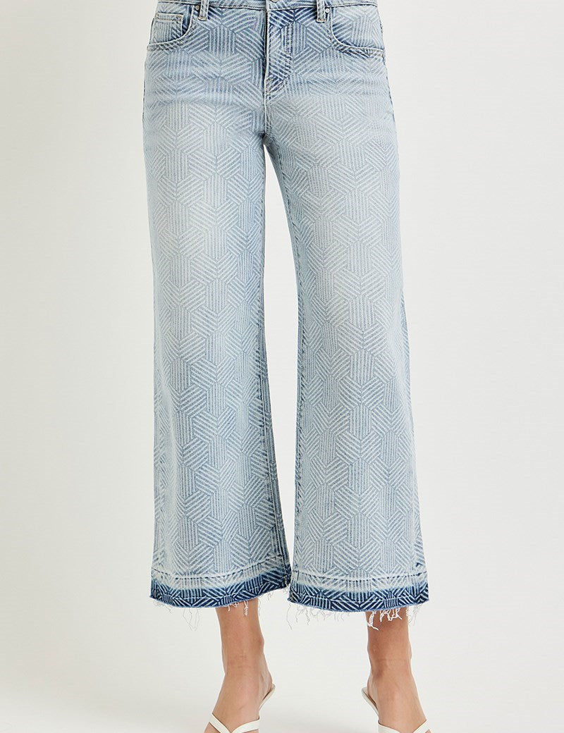 Risen High Rise Crop Wide Leg Cube Print Jean