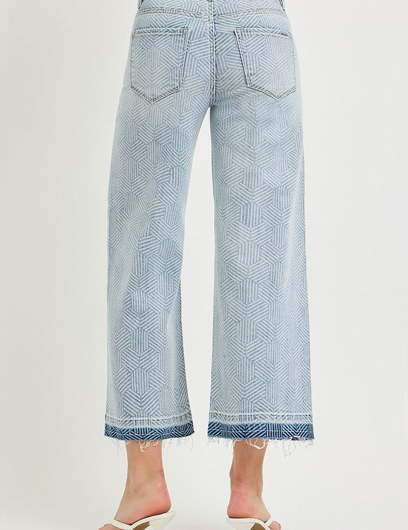 Risen High Rise Crop Wide Leg Cube Print Jean