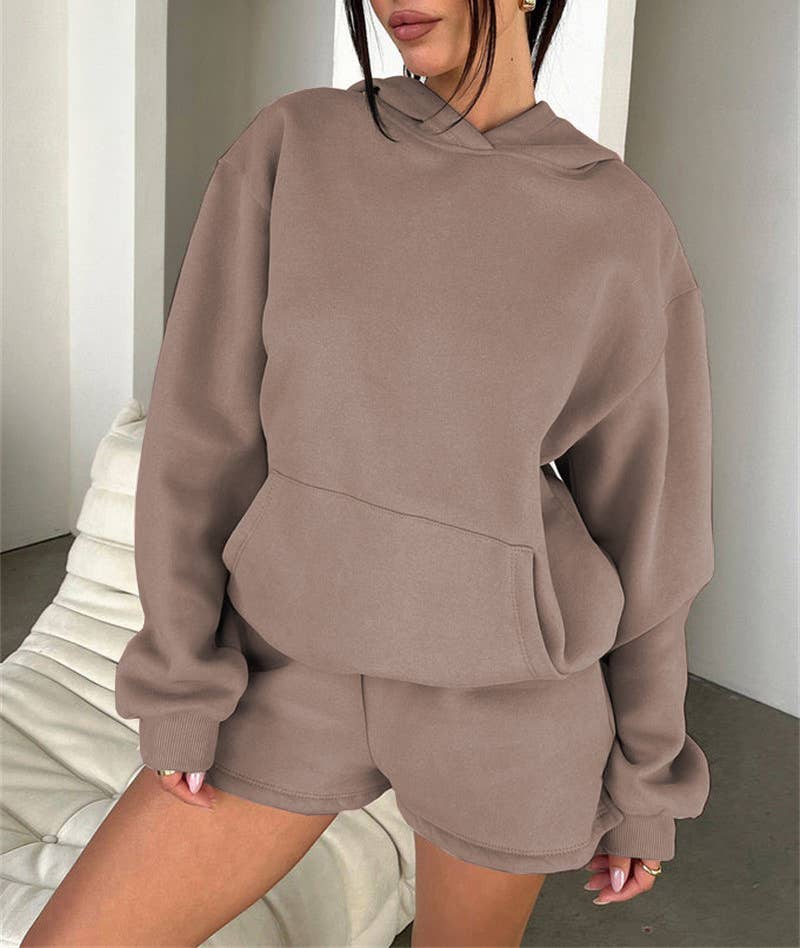 Basic pocket hoodie &  drawstring short set outfits