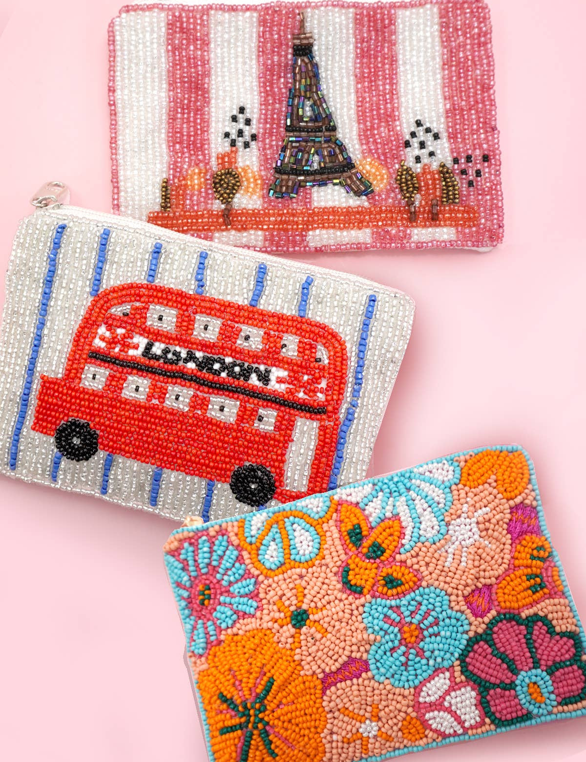 LONDON BUS FLOWER PARIS SEED BEAD COIN POUCH | 91CP1070: LONDON BUS 1070