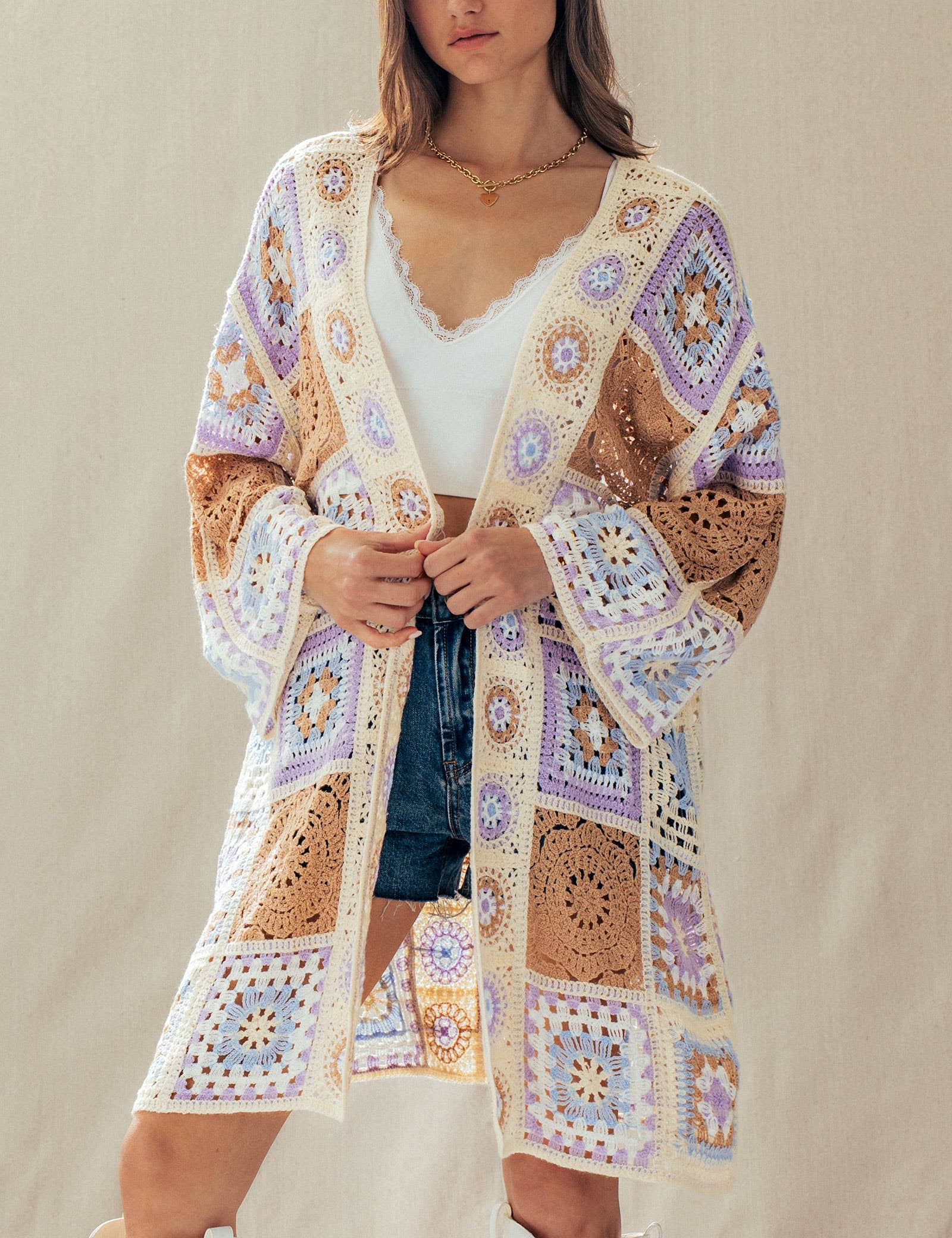 Granny Square Crochet Patchwork Duster Cardigan