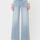 HIGH RISE WAIST TIE STRIPED WIDE LEG JEANS V3838STR: STRIPE / 27